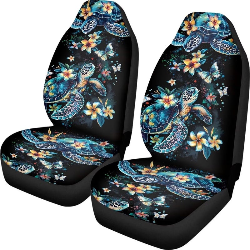 Howilath Sea Turtle Floral Car Front Seat Cover for Men Women Stretchy Bucket Seat Covers High Back Accessories Interior Decor - 2 Piece - Image 2